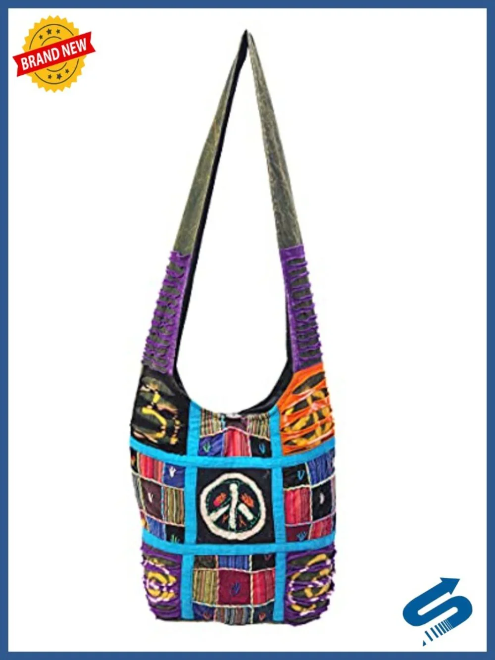 Boho Crossbody Bag Handmade Upcycled Cotton Tote with XL Strap